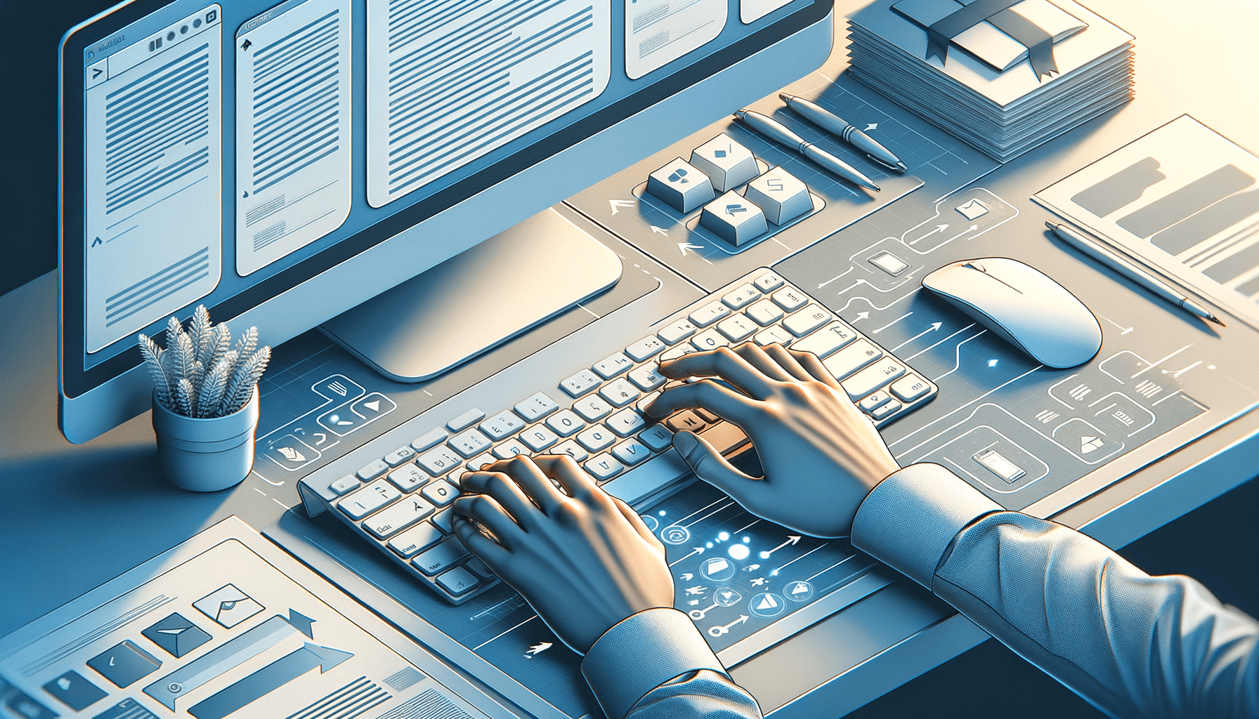 Hands on keyboard with illuminated shortcut keys and organized documents flowing in the background, symbolizing efficient document management workflow