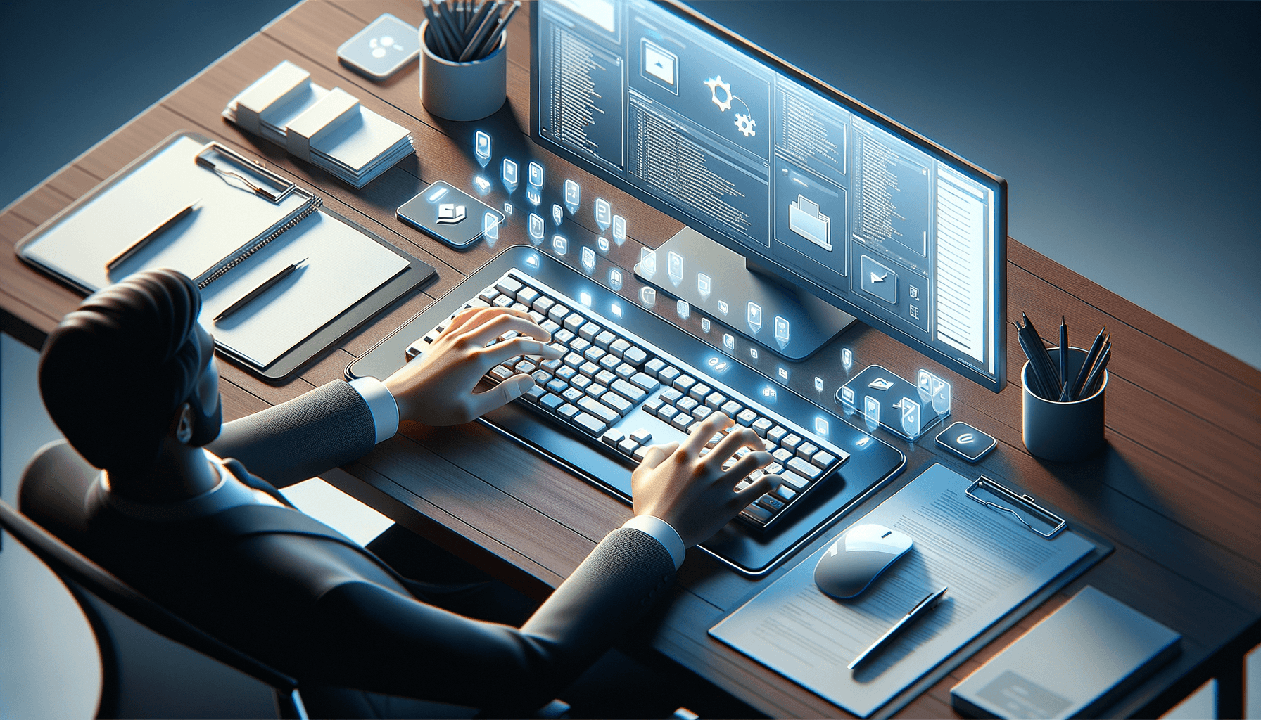 Hands on keyboard with floating shortcut symbols and organized digital documents representing productivity and efficient document management