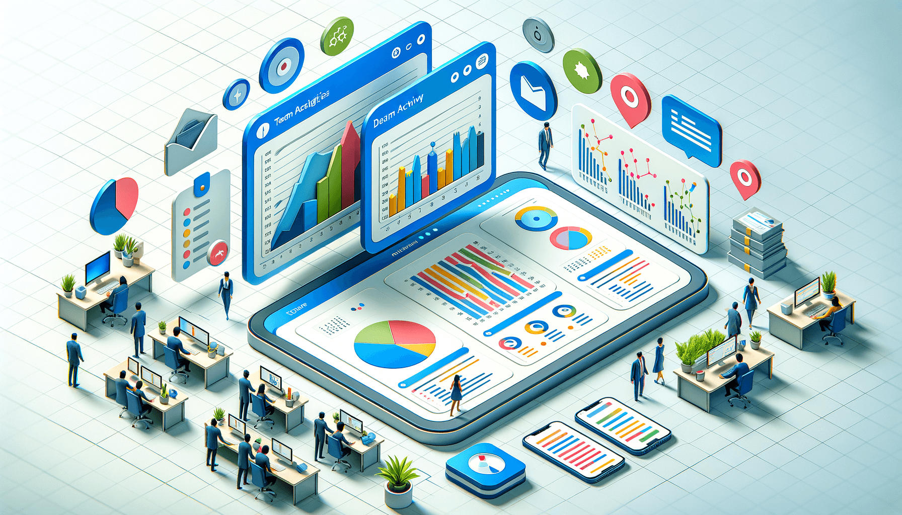 Analytics dashboard showing document usage metrics, team activity charts, and productivity data visualization for intelligent document management