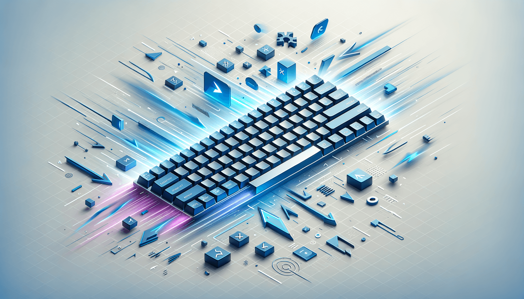 Minimalist keyboard shortcuts visualization with glowing keys and floating command symbols in electric blue and purple on white background