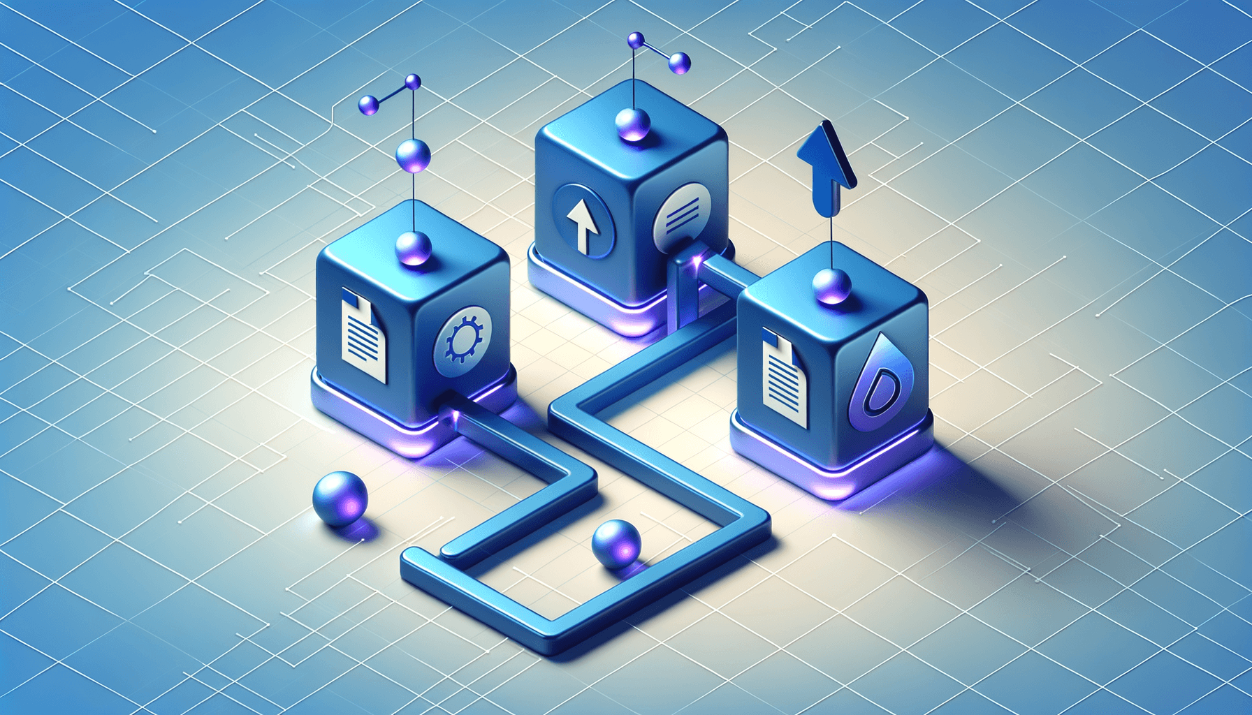 Abstract workflow diagram with three connected blue nodes representing document stages, linked by flowing lines with purple accents, showing a process flow from