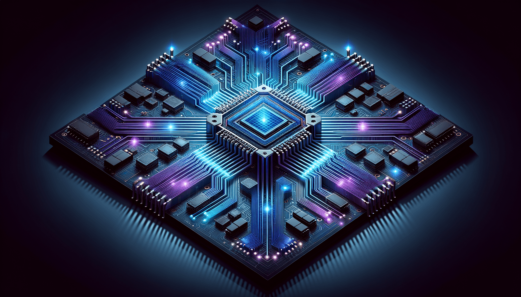 Isometric technical diagram of a multi-layered command routing system with a central hub branching into 50+ illuminated pathways, featuring circuit board patter