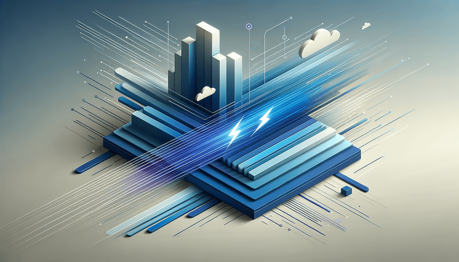 Minimalist illustration of stacked blue layers with a lightning bolt keyboard key and speed lines representing batch processing efficiency