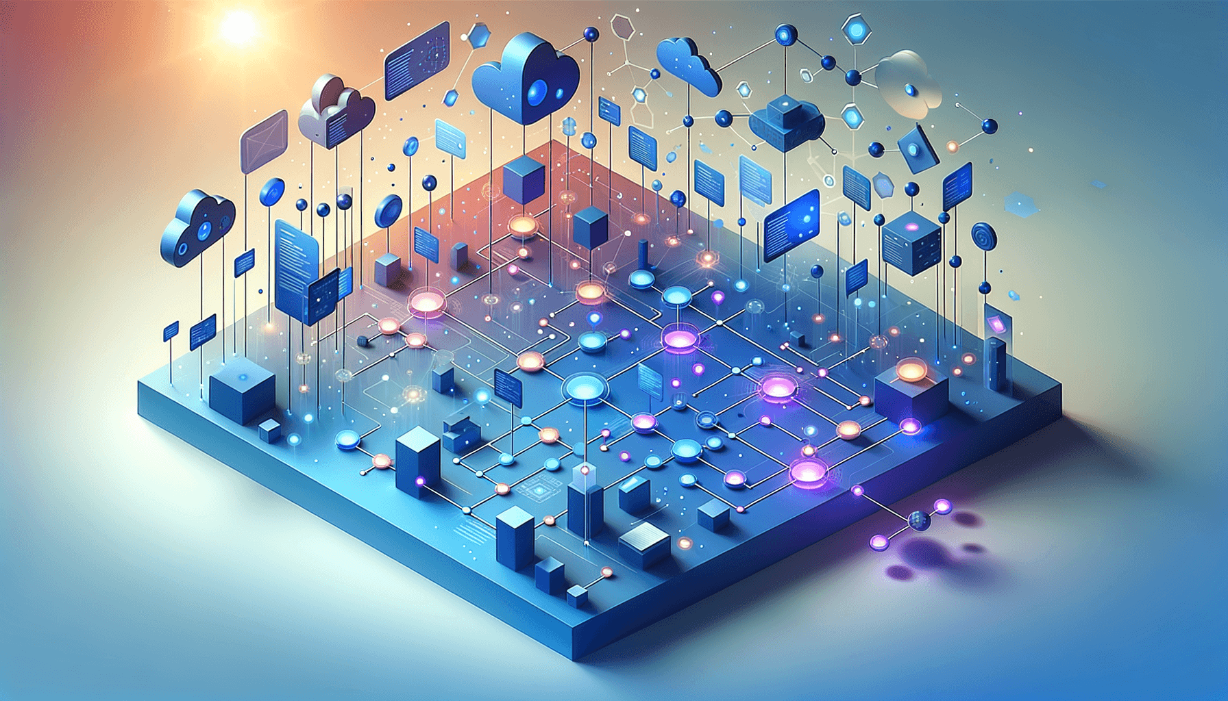 Abstract workflow diagram with interconnected blue and purple nodes representing AI-powered document management and intelligent task routing