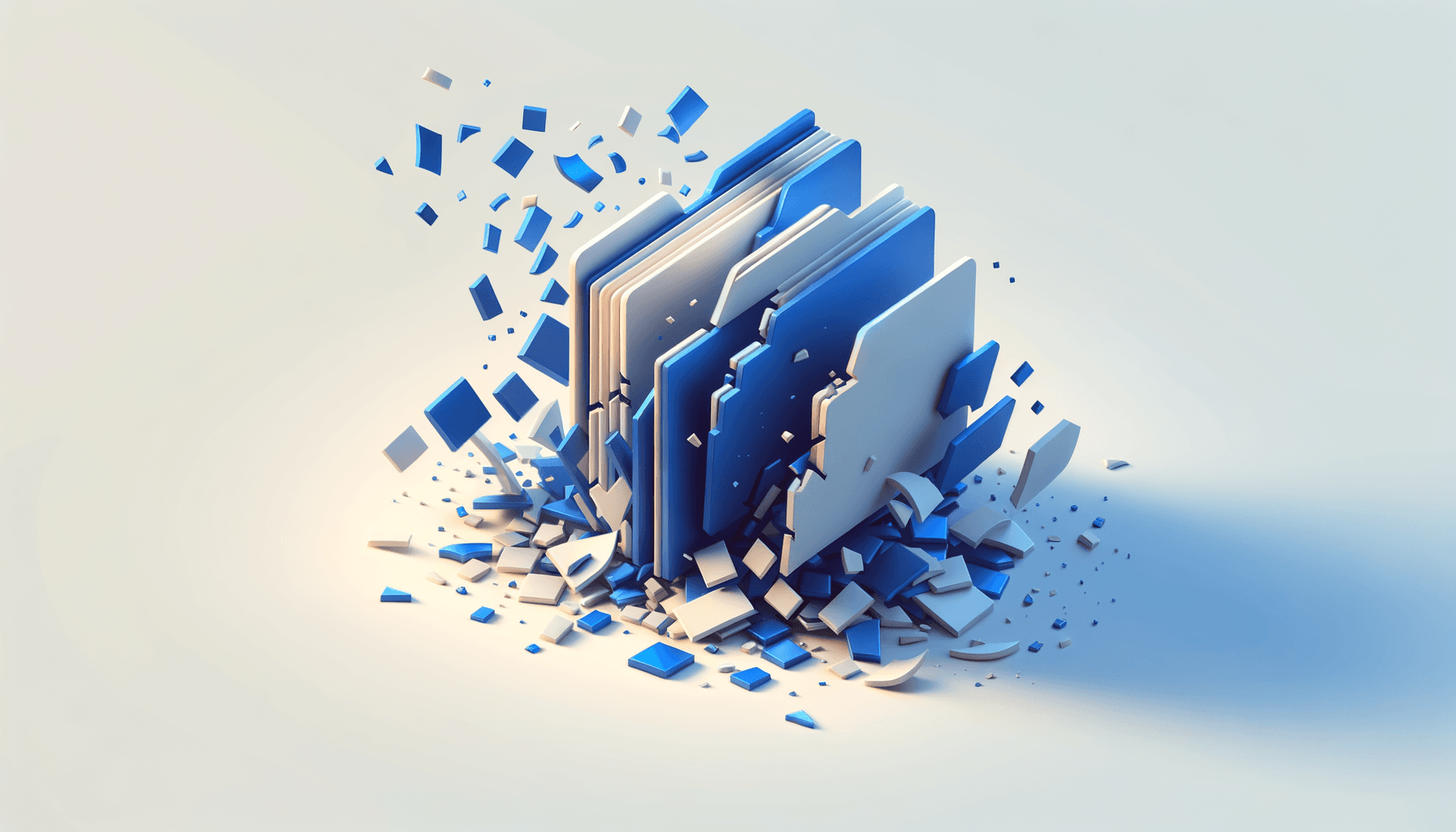 Abstract illustration of a fragmented document icon with geometric shards breaking apart, representing digital transformation failure in document management