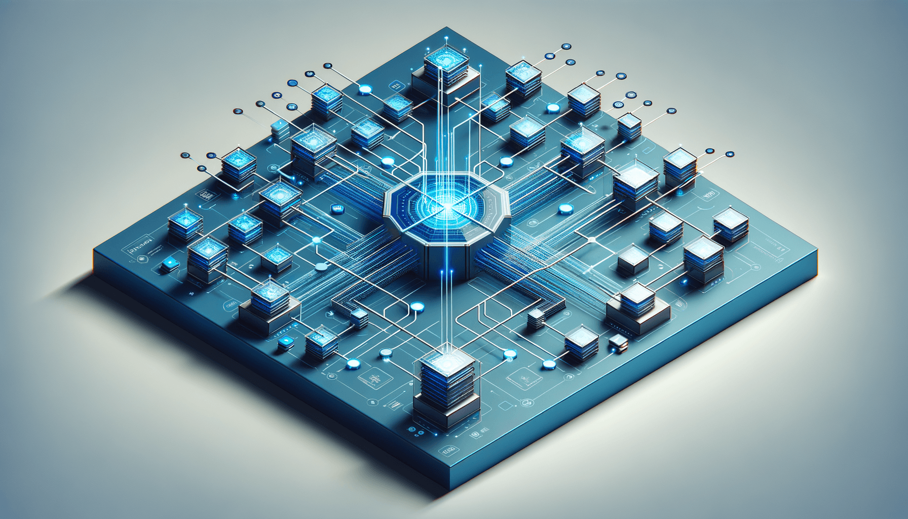 Isometric visualization of a multi-layered intent routing system with central hub and branching pathways in blue tones