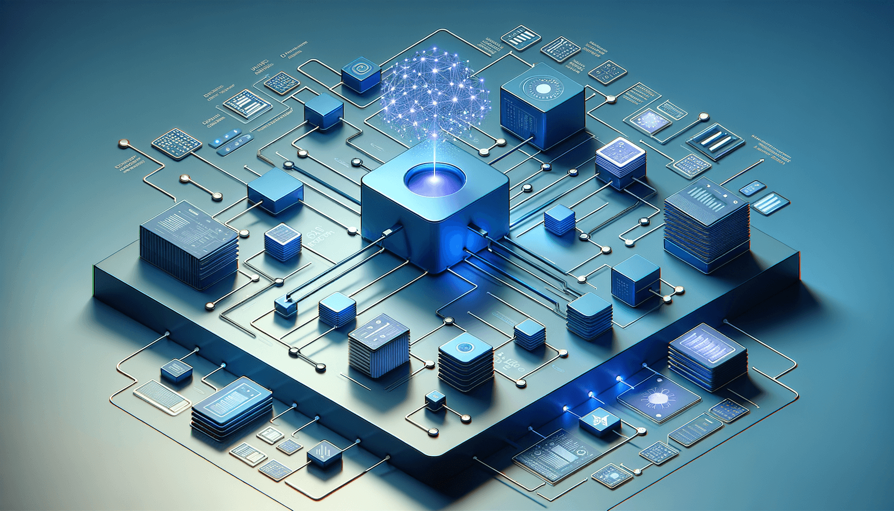 Isometric architecture diagram of a universal command system showing a central electric blue hub with 50+ branching pathways connecting to different functional
