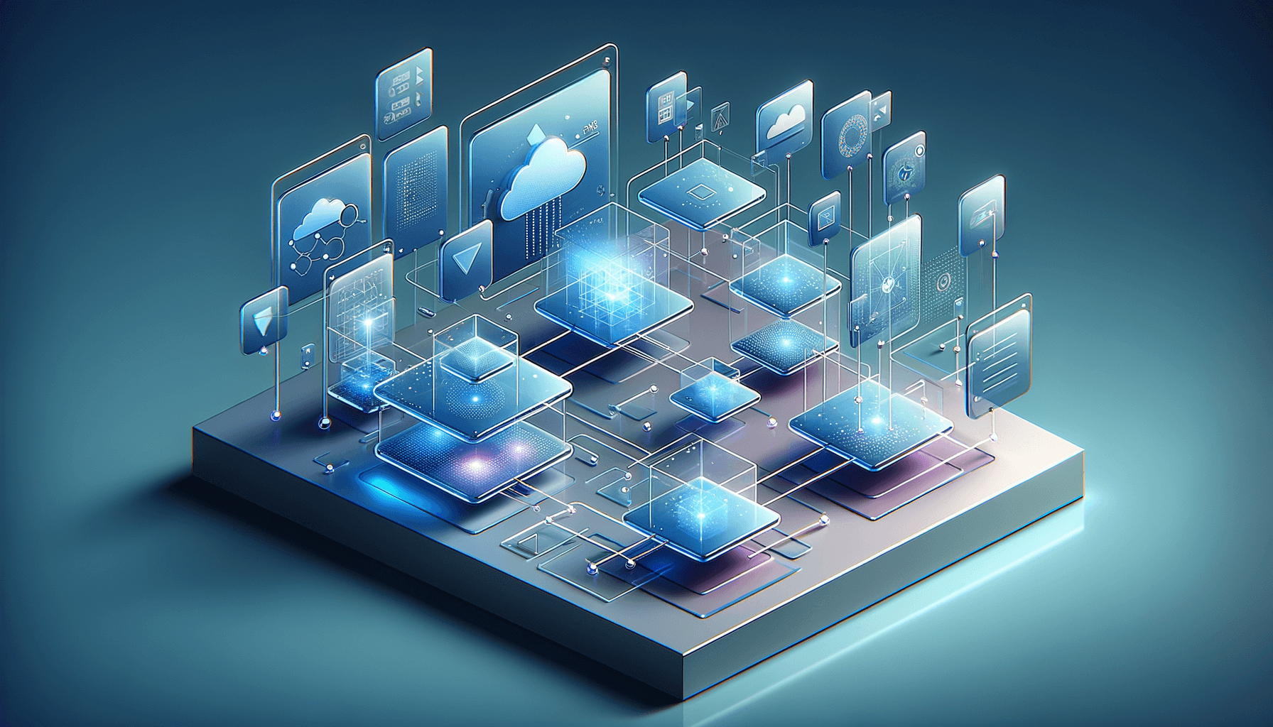 Abstract collaboration system visualization with floating glassmorphic cards and interconnected nodes in electric blue and purple gradients