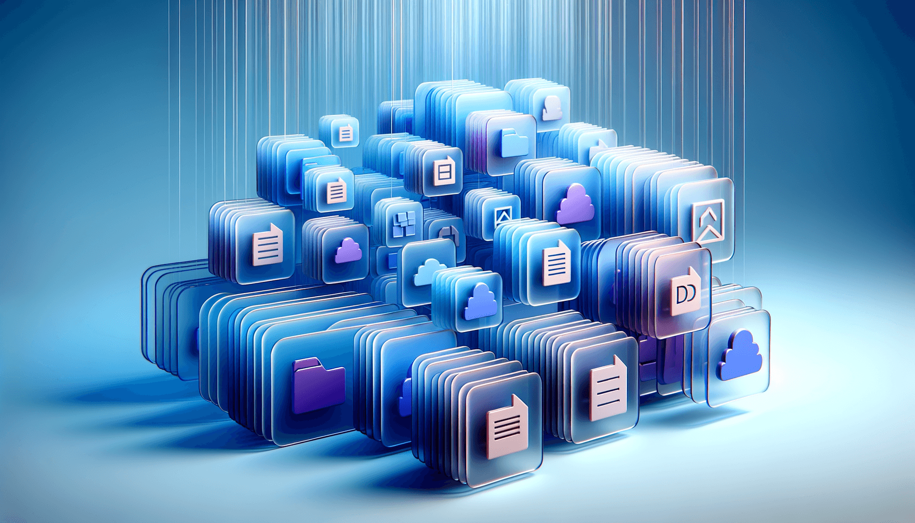 Floating translucent cards with document export icons in blue and purple tones, representing AiFiler's enhanced export capabilities