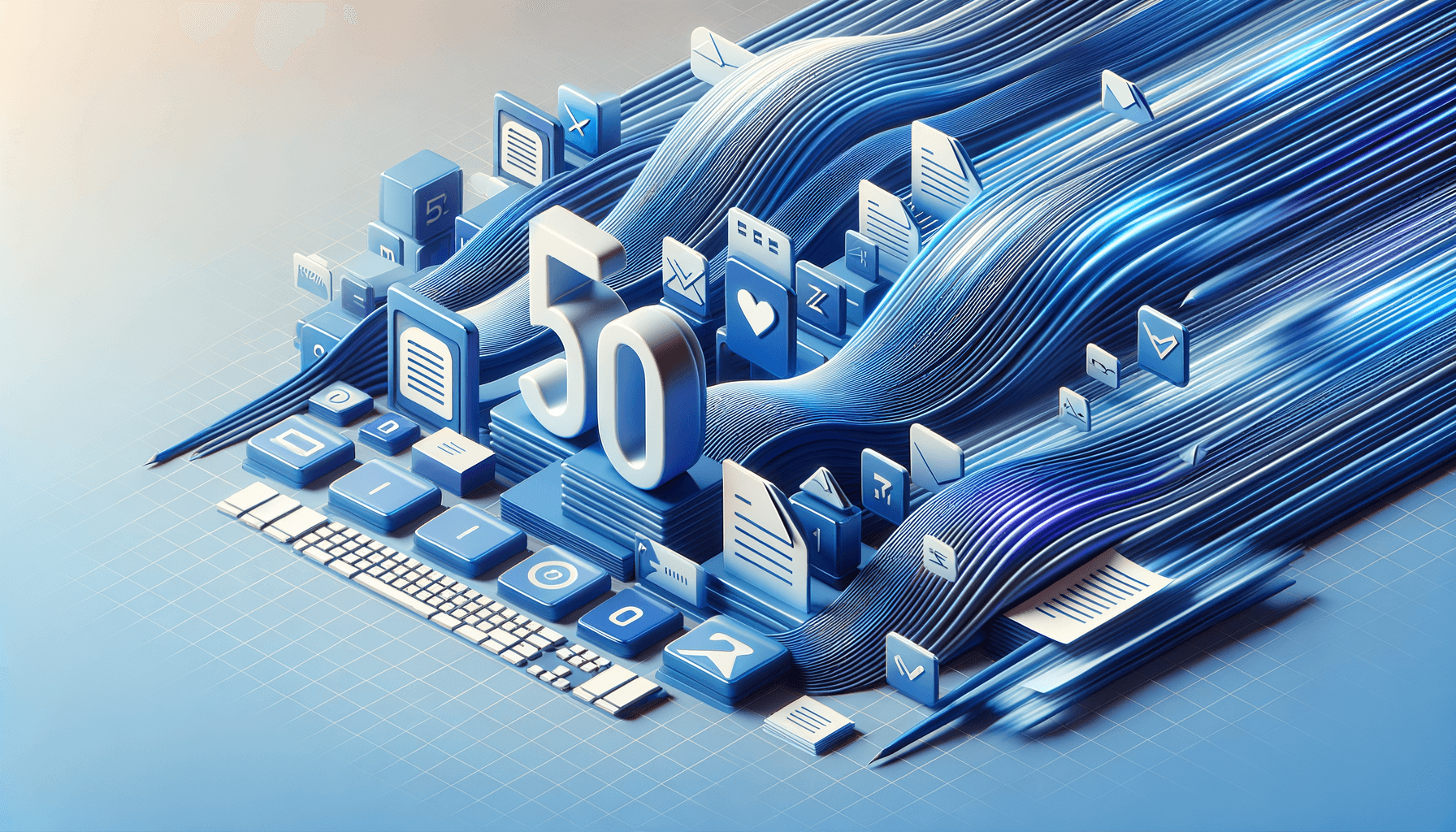 Abstract illustration of batch document operations showing speed lines, keyboard shortcuts, and cascading document icons in blue and purple tones