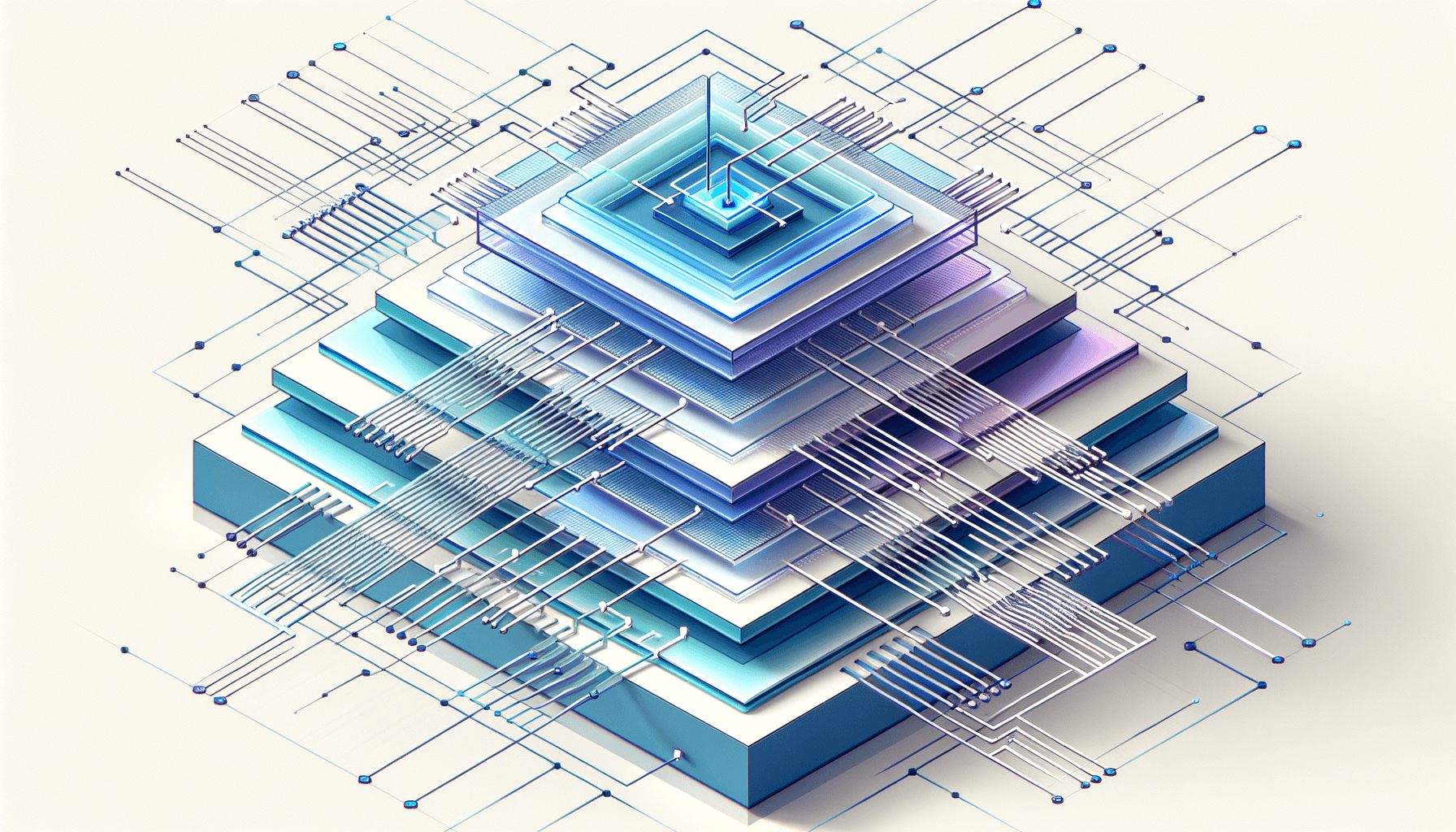Isometric diagram of a multi-layered command routing architecture with color-coded pathways branching from a central node through transparent geometric layers w