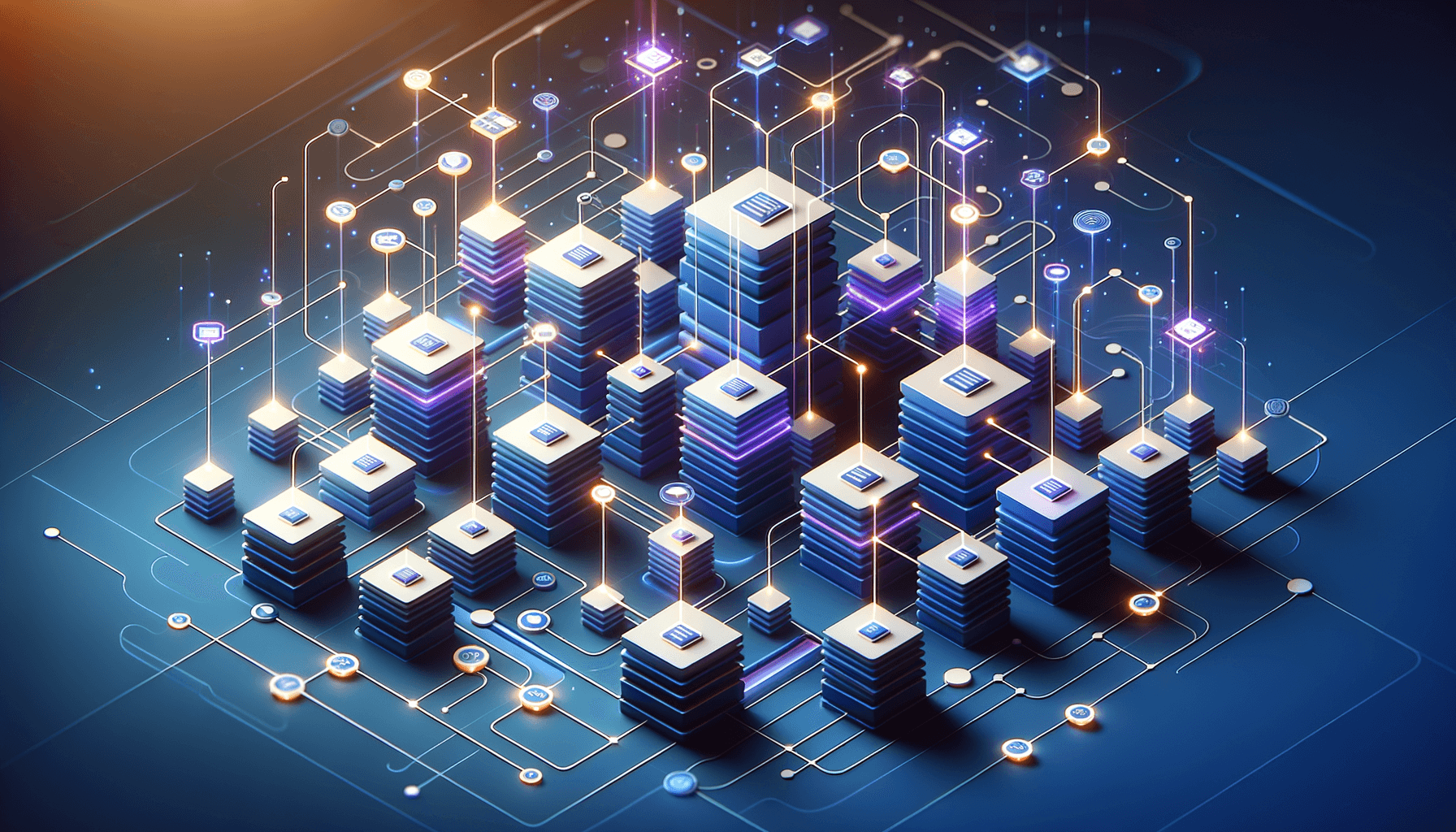 Abstract visualization of an interconnected knowledge base system with geometric nodes, flowing pathways, and layered document cards in blue and purple tones