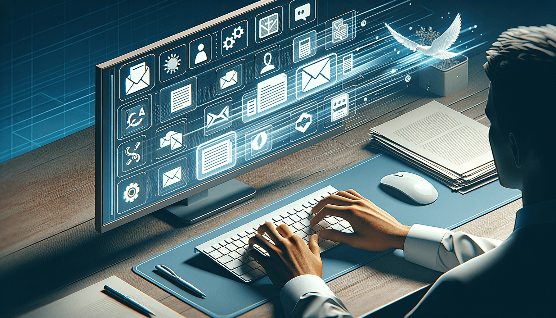 Hands on keyboard with illuminated keyboard shortcuts and organized digital documents flowing across screen, symbolizing fast and efficient document management