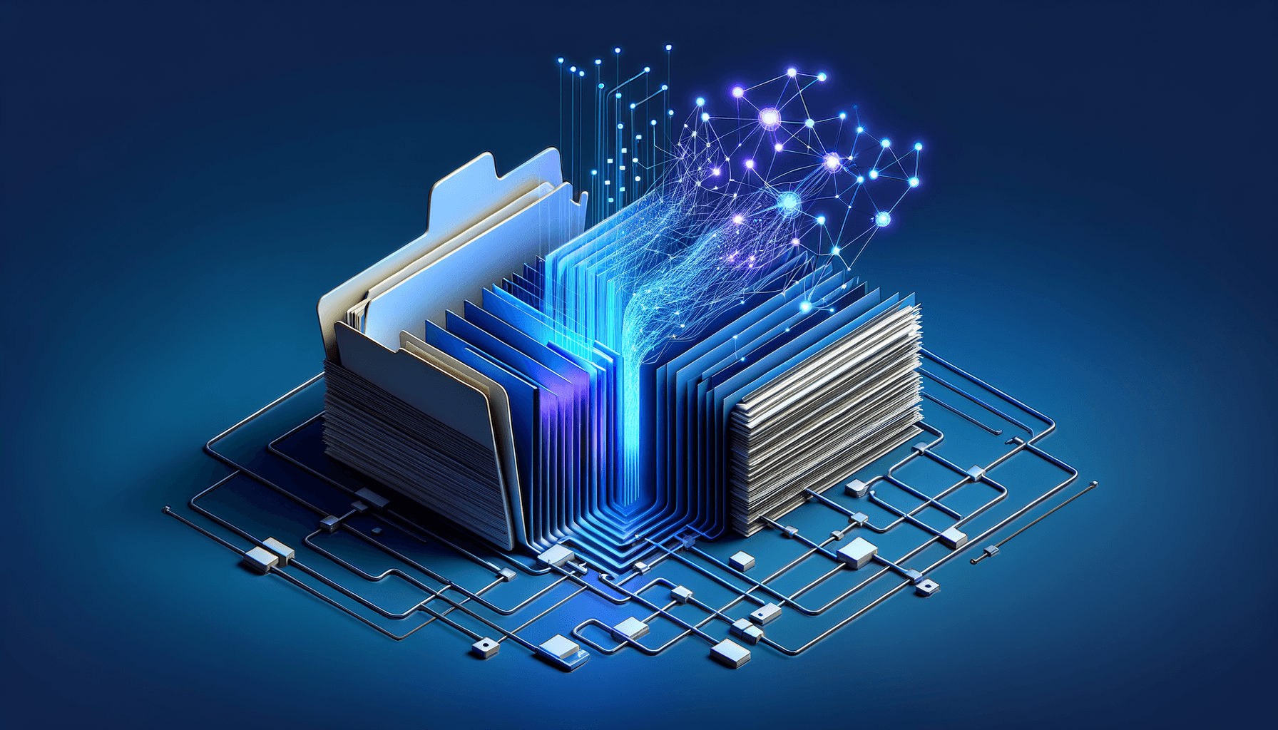 Geometric illustration contrasting rigid stacked document layers on the left with AI-integrated flowing neural pathways on the right, symbolizing AI-first versu