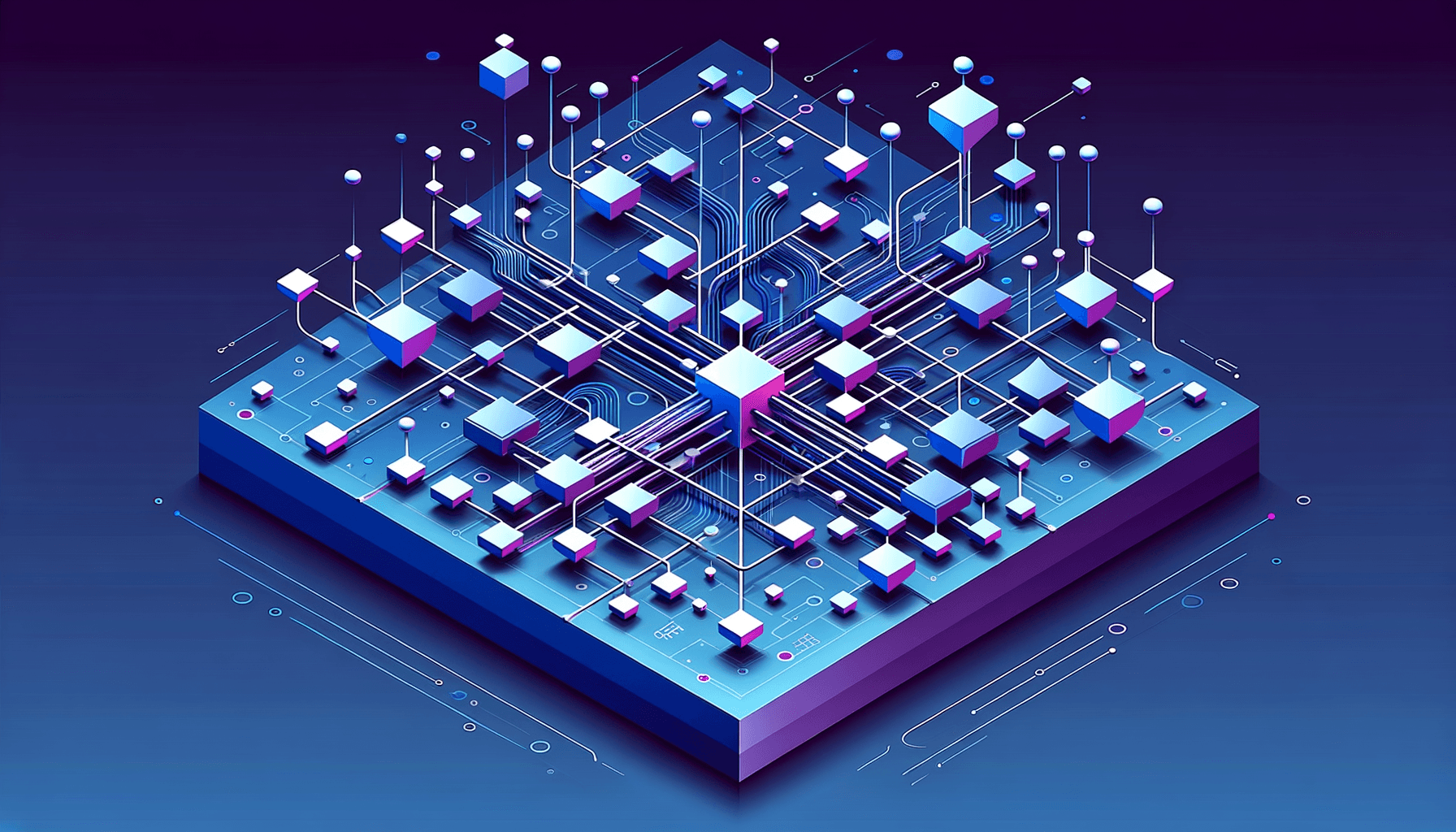 Isometric 3D diagram of a multi-layered routing architecture with branching pathways connecting to numerous nodes, featuring circuit patterns and geometric elem