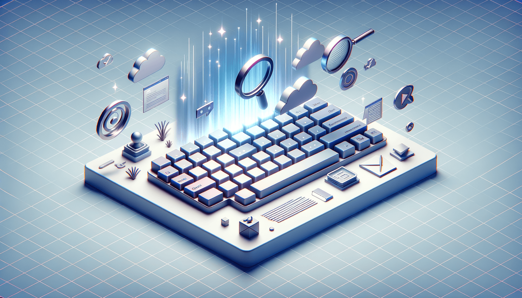 Minimalist illustration of a glowing keyboard with highlighted search operator keys surrounded by floating filter icons and speed lines, representing advanced s