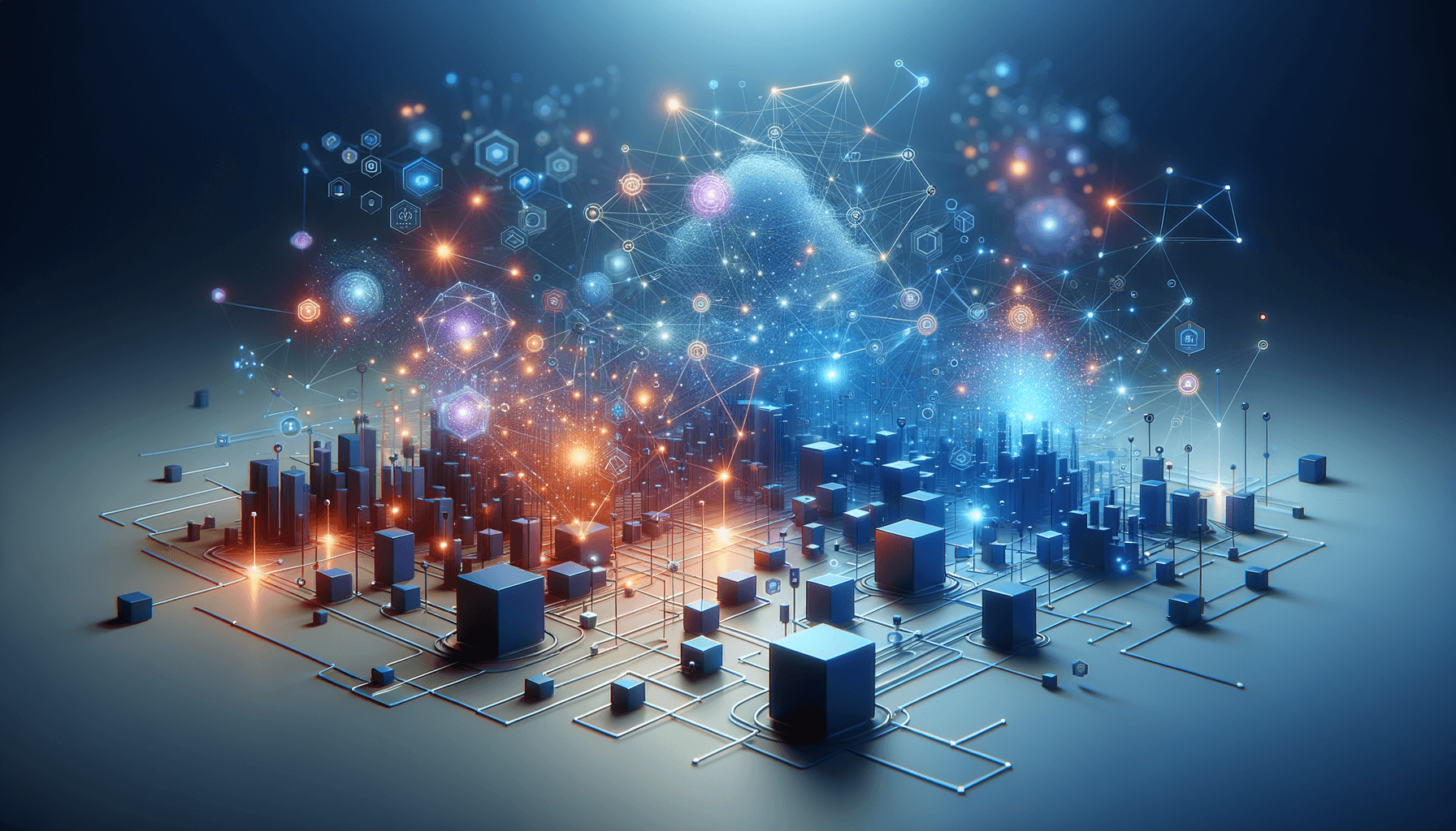 Interconnected blue and purple nodes forming a searchable knowledge network with flowing data pathways and layered information architecture