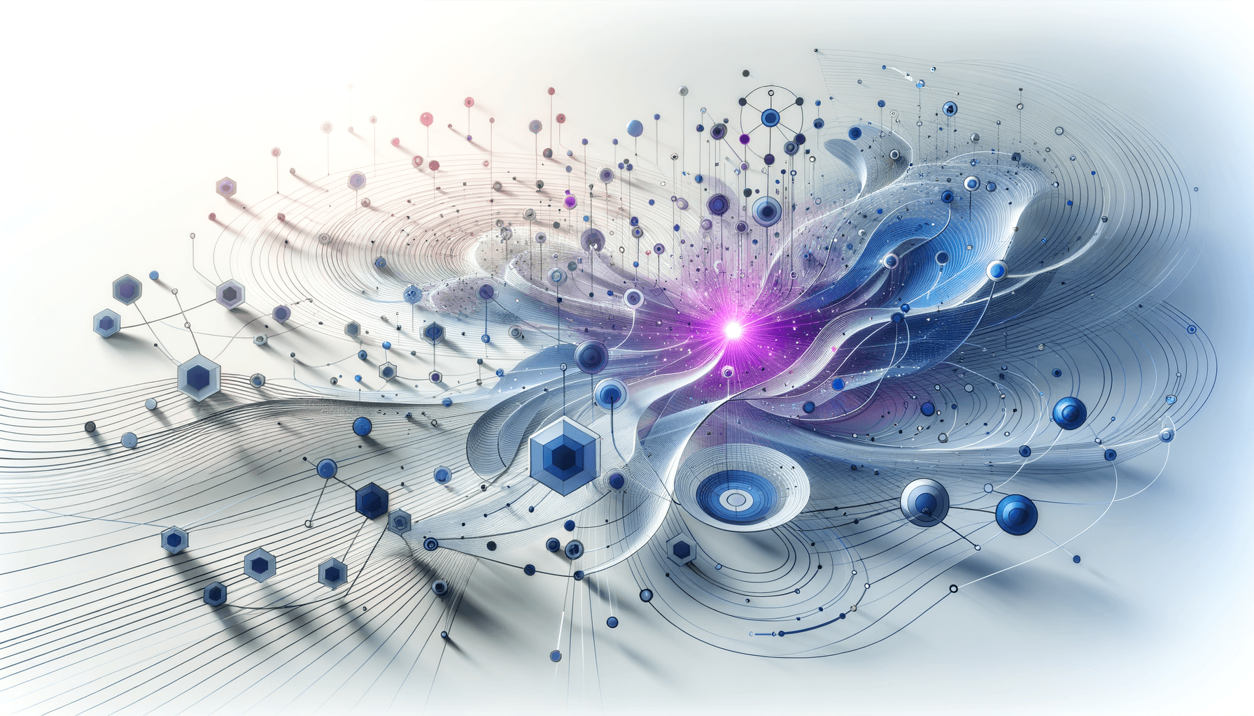 Abstract geometric network illustration with interconnected nodes in blue and purple tones, representing synchronized distributed teams