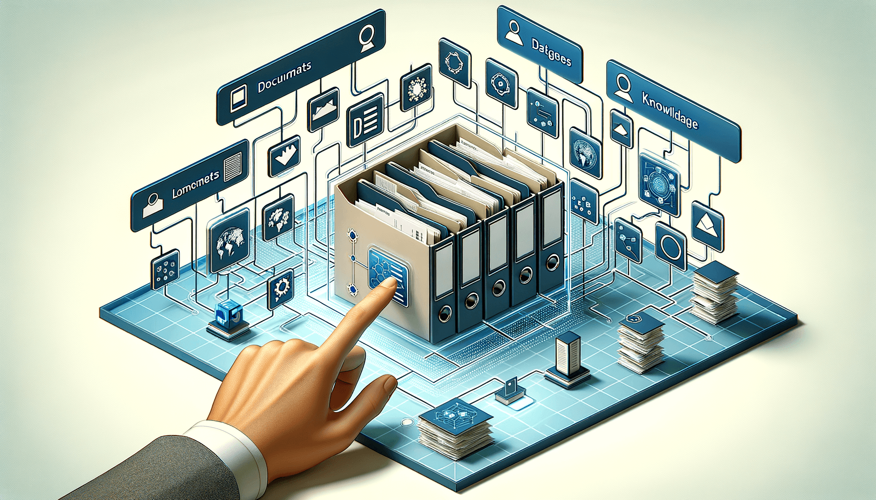 Digital knowledge base organization system with color-coded folders, documents, and tags in a modern interface