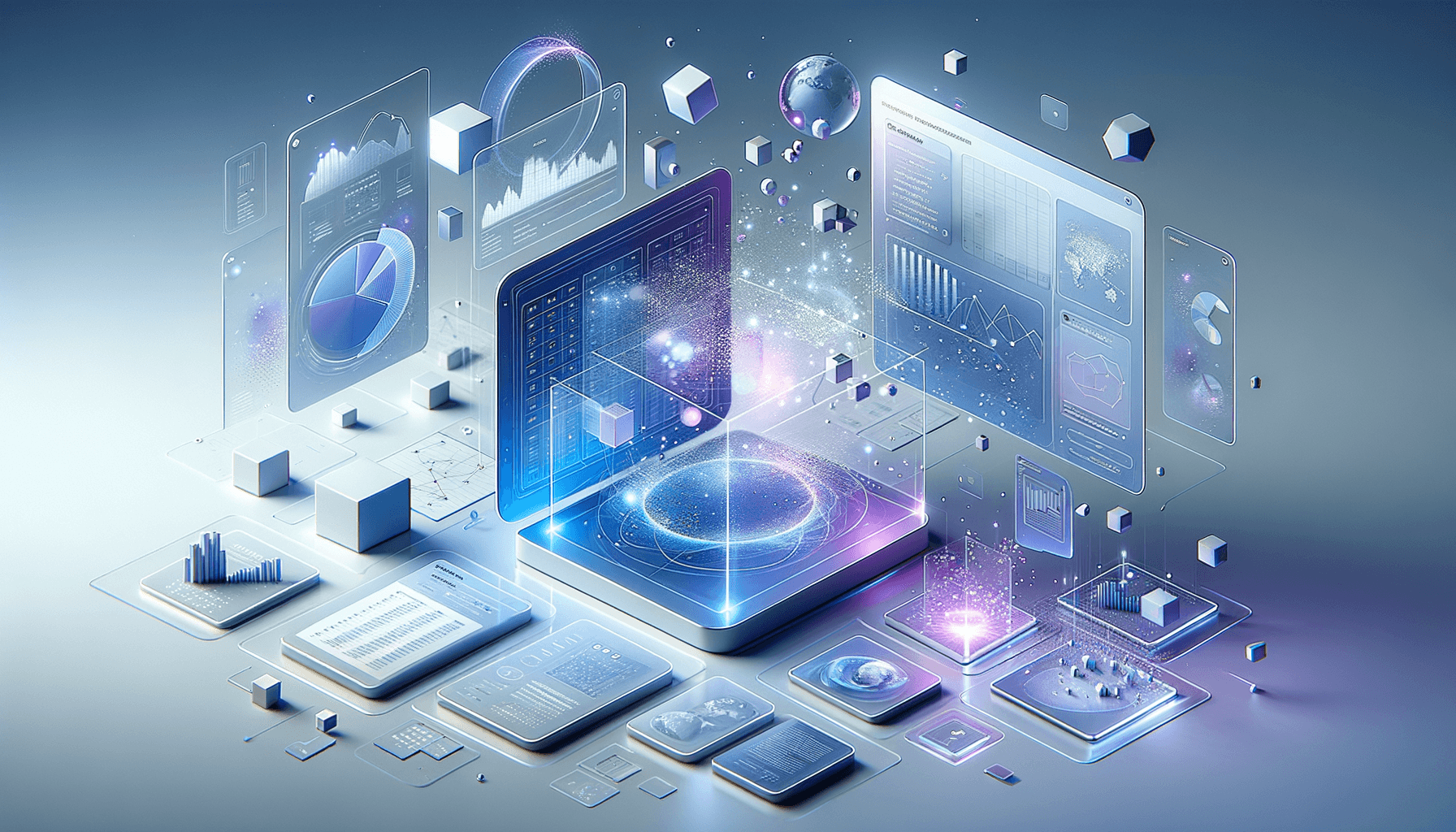 Abstract visualization of AiFilers product upgrades showing floating glassmorphic cards with data analytics, CSV spreadsheet elements, and execution flow diagra