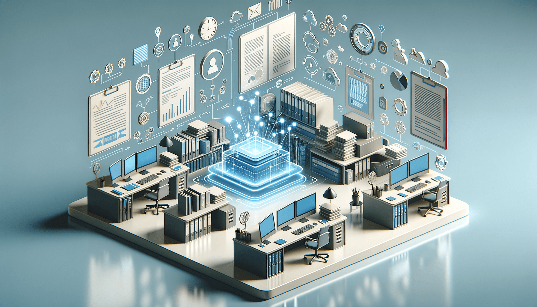 Professional using AI-powered document management software with organized files, automation indicators, and workflow optimization visualizations