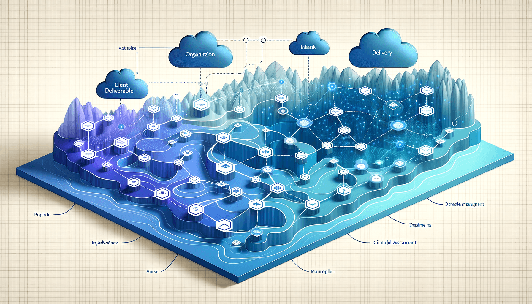 Abstract workflow diagram showing interconnected nodes and flowing pathways representing AI-assisted client deliverable management process