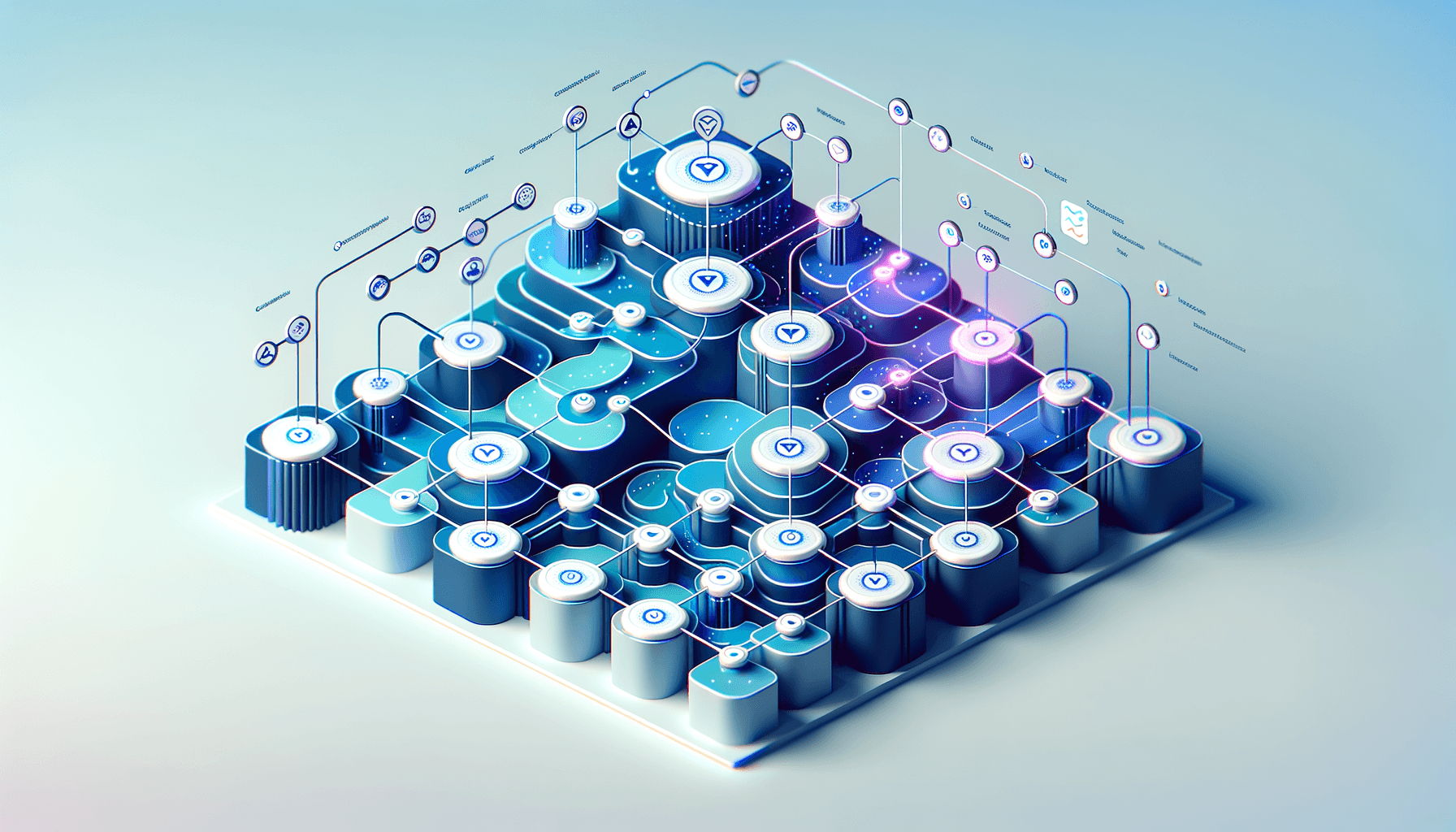Abstract project workflow diagram with connected nodes and flowing paths in blue and purple tones, representing AI-assisted client project management