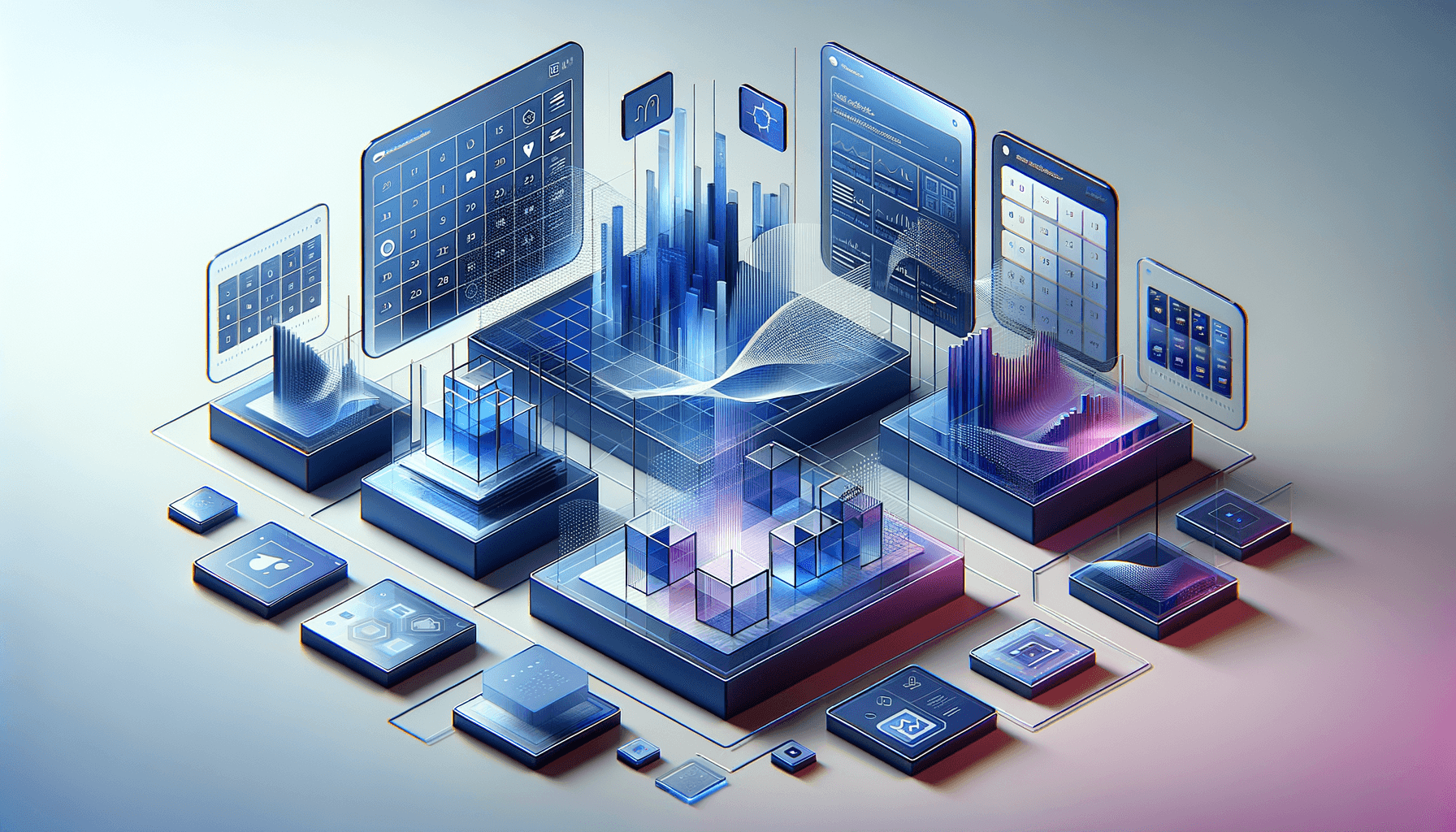Modern dashboard redesign visualization with floating glassmorphic UI cards, calendar integration patterns, and abstract geometric elements in blue and purple t