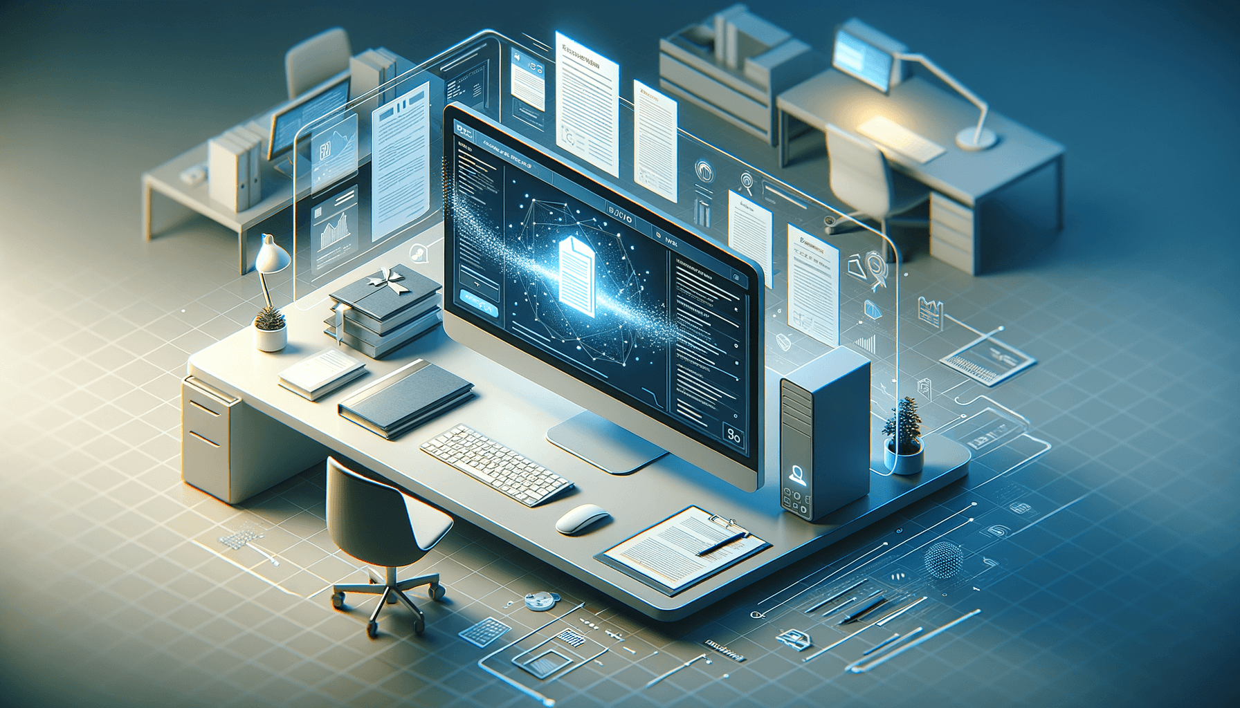 AI-powered document generation interface creating professional documents with automated workflows and organized templates