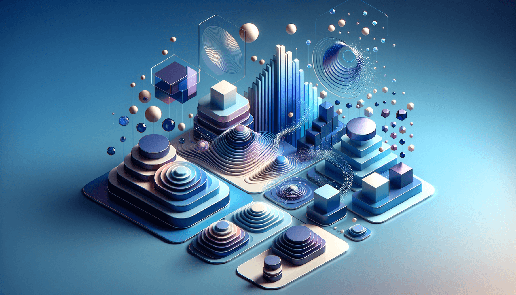 Abstract geometric shapes in blue and purple converging into unified streams with glassmorphic floating cards on gradient background