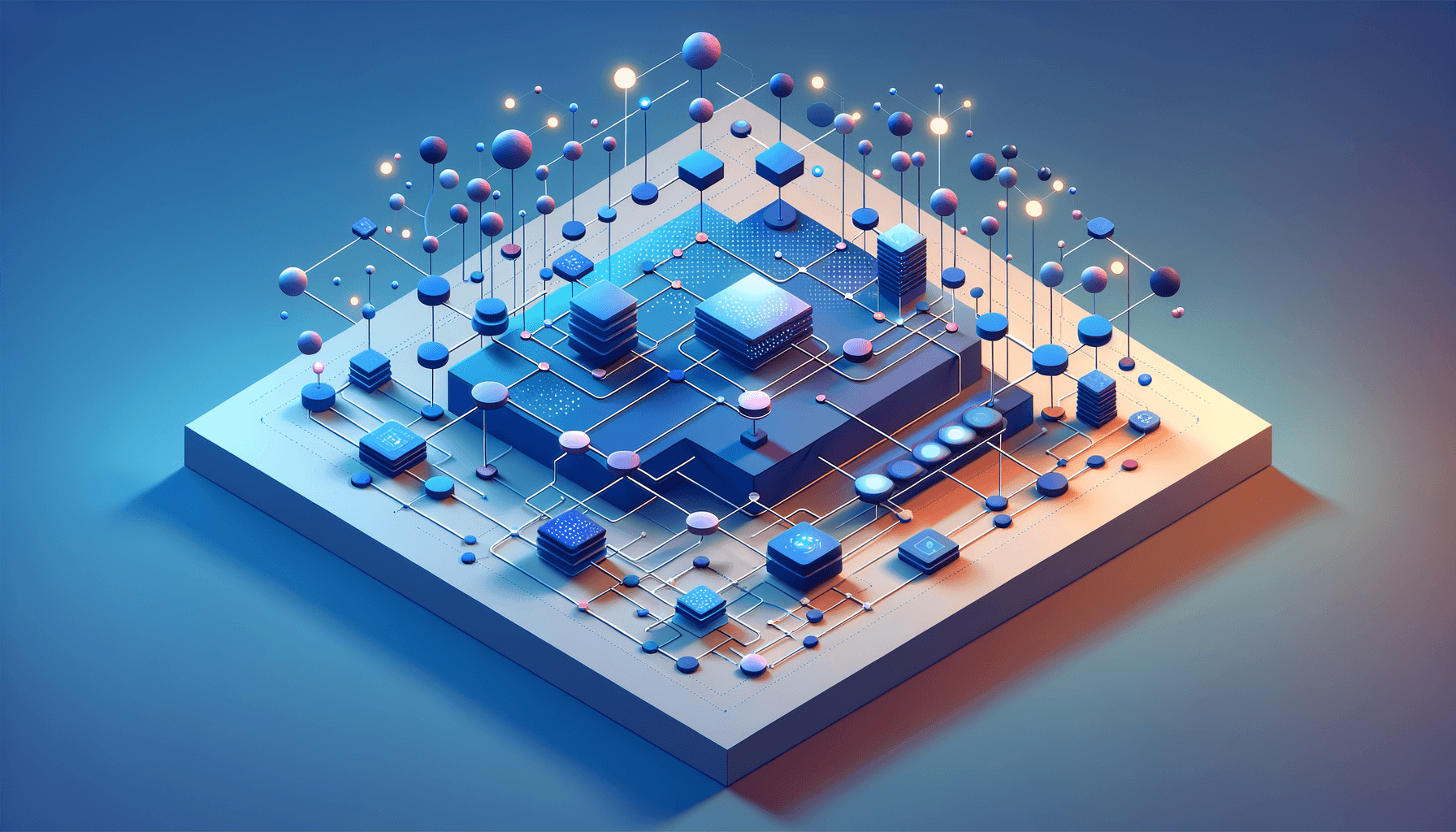 Abstract network diagram with interconnected blue and purple nodes showing organized knowledge flow and information architecture
