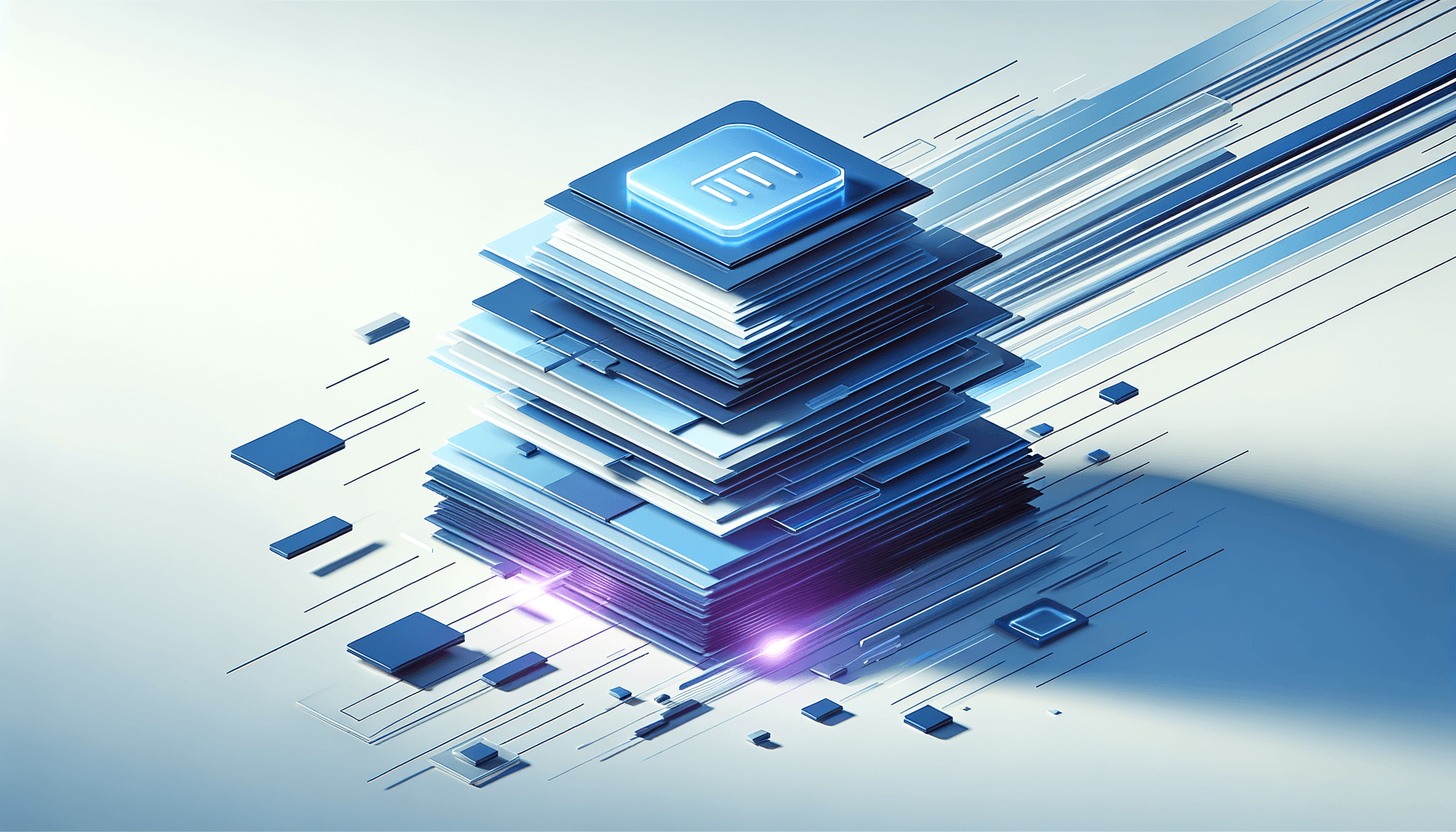 Minimalist illustration of stacked documents with speed lines and keyboard shortcut icons, representing fast batch operations and productivity